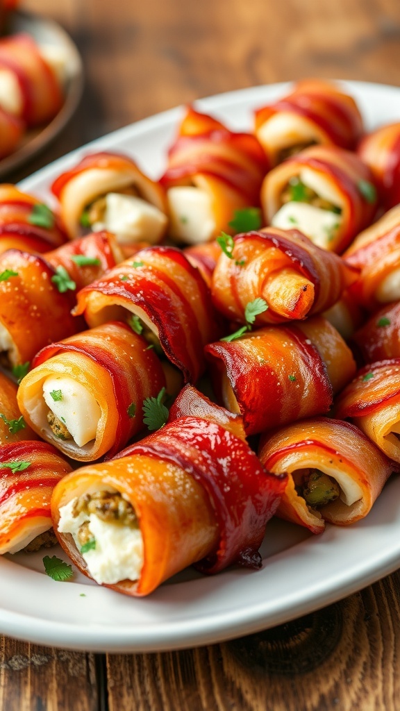 A delicious assortment of bacon-wrapped appetizers with cheese and vegetables on a rustic platter.
